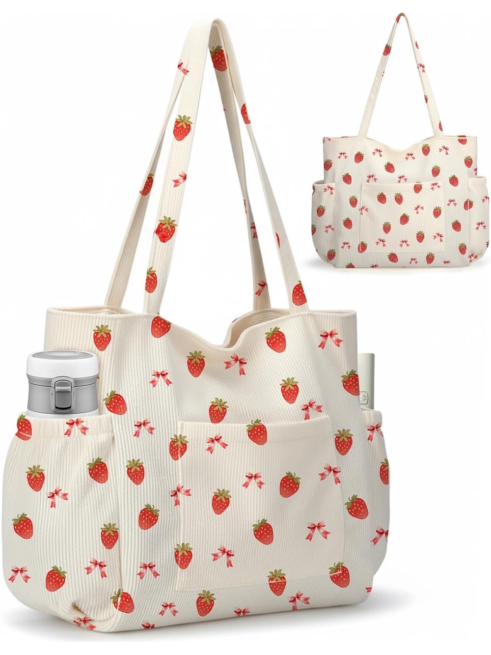 Strawberry Print Corduroy Tote Bag